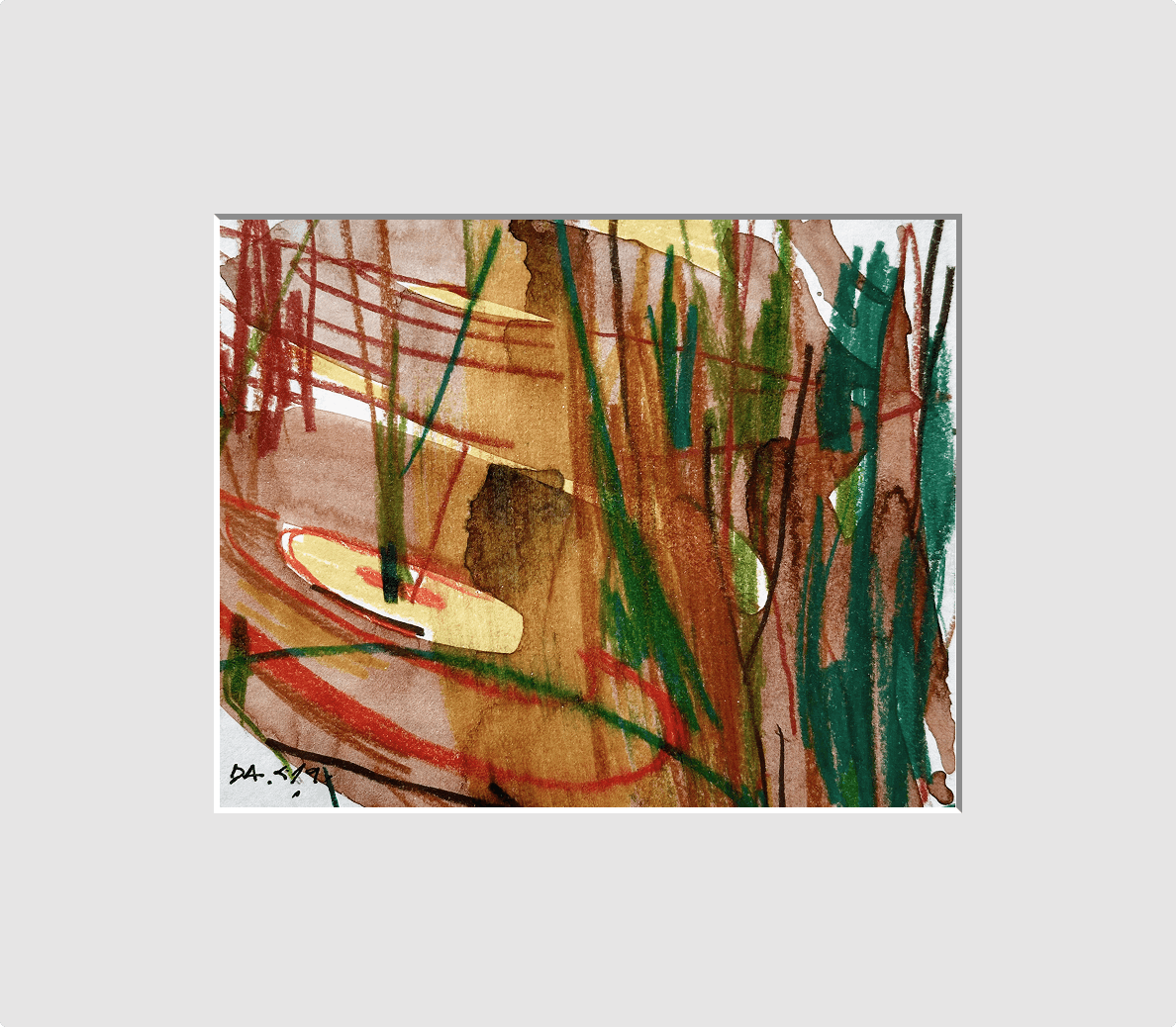 Watercolour and crayon study in browns, greens and red