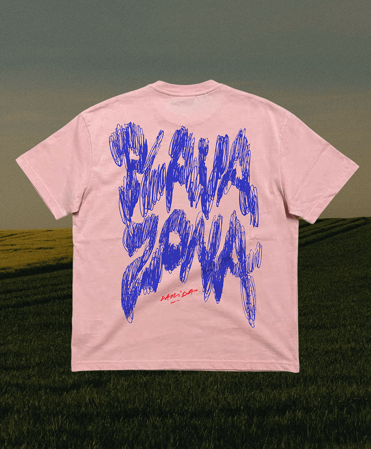 Pink t-shirt printed with a blue scribbled Plava Zona wordmark
